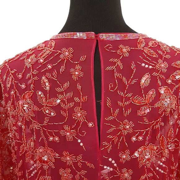 Vintage 70s Jack Bryan Beaded Sheer Silk Tunic Top Cherry Red Evening Holiday - Picture 6 of 15